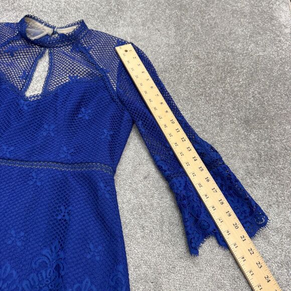 Ever New Melbourne Lace Mesh Mini Dress Womens 12 Blue Bell Sleeve Backless - Picture 13 of 14
